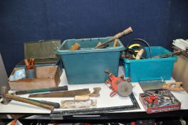 A QUANTITY OF VINTAGE HANDTOOLS including grease guns, saws, automotive tools, mallets, hammers,