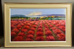 MIGUEL TORRES (SPAIN 1948) 'FIELD OF RED', a landscape with yachts on the water in the distance,