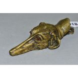 A LATE VICTORIAN BRASS GREYHOUND MASK PAPER CLIP, with glass eyes, hanging hole to back, length 14.