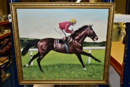 T. CARR (20TH CENTURY) 'TROY' a study of this racehorse and jockey, signed and dated 1982, oil on