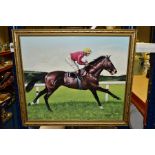 T. CARR (20TH CENTURY) 'TROY' a study of this racehorse and jockey, signed and dated 1982, oil on