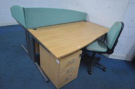TWO OFFICE DESKS, width 191cm x depth 100cm x height 73cm, with green fabric partitions, two three