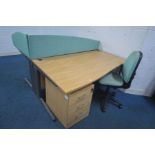 TWO OFFICE DESKS, width 191cm x depth 100cm x height 73cm, with green fabric partitions, two three