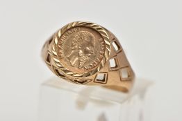 A MOUNTED MEXICO MAXIMILANO COIN RING, coin dated 1865, mounted in a 9ct gold textured collet mount,