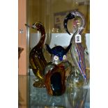 THREE MURANO STYLE COLOURED GLASS BIRDS, comprising a cased glass owl, with blue ears, clear,