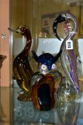 THREE MURANO STYLE COLOURED GLASS BIRDS, comprising a cased glass owl, with blue ears, clear,