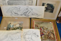 PICTURES AND PRINTS etc, comprising J Morris 'Cold End, Essex', a watercolour depicting figures