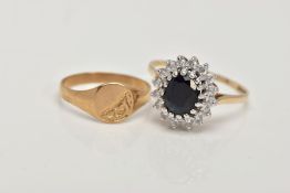 A 9CT GOLD SAPPHIRE CLUSTER RING AND A CHILDS SIGNET RING, the cluster designed with a central