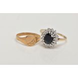 A 9CT GOLD SAPPHIRE CLUSTER RING AND A CHILDS SIGNET RING, the cluster designed with a central