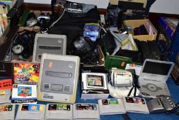 THREE BOXES OF COMPUTER GAMING AND PHOTOGRAPHIC EQUIPMENT to include two Super Nintendo consoles,