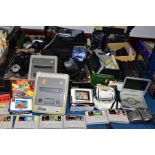 THREE BOXES OF COMPUTER GAMING AND PHOTOGRAPHIC EQUIPMENT to include two Super Nintendo consoles,