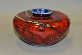 A BLACK RYDEN (MOORCROFT) POTTERY SQUAT VASE, Circa 2002 decorated by Anita Harris with abstract