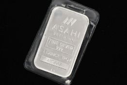 A ONE OUNCE SILVER INGOT, 'Asahi' refining, fine silver 999, 1 ounce troy, A117666, within a plastic