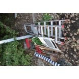 TWO ALIMINIUM STEP LADDERS, another set of steps, parasol in bag, parasol base and a quantity of