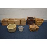 EIGHT VARIOUS BASKETS and a ceramic bowl inside a fitted basket (9)
