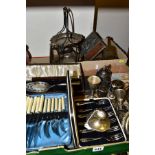 TWO BOXES OF METALWARES, INCLUDING A SILVER CAPSTAN INKWELL, missing the hinged lid, Birmingham