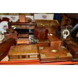 A GROUP OF WOODEN BOXES AND OTHER ITEMS to include a modern box containing a clock, a vintage box