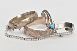 FOUR PIECES OF JEWELLERY, to include a cubic zirconia line bracelet, broken clasp, stamped '925',