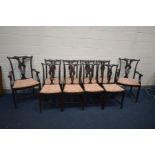 A SET OF TEN GEORGIAN STYLE SPLAT BACK CHAIRS, with drop in seat pads, on square tapered legs,