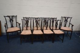 A SET OF TEN GEORGIAN STYLE SPLAT BACK CHAIRS, with drop in seat pads, on square tapered legs,