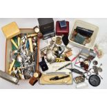 A BOX OF MISCELLANEOUS ITEMS, to include a box of cutlery, mainly stainless steel and EPNS, a Parker