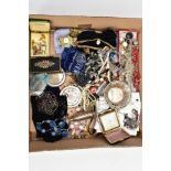 A BOX OF ASSORTED COSTUME JEWELLERY AND SILVER, to include a silver pierced bon-bon dish, hallmarked