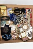 A BOX OF ASSORTED COSTUME JEWELLERY AND SILVER, to include a silver pierced bon-bon dish, hallmarked