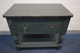 A GREEN PAINTED PINE AND MARBLE TOP KITCHEN UNIT, with a single deep drawer, turned supports