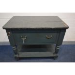 A GREEN PAINTED PINE AND MARBLE TOP KITCHEN UNIT, with a single deep drawer, turned supports