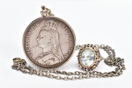 A MOUNTED VICTORIA SILVER CROWN AND CHAIN WITH A WHITE METAL RING, a mounted Queen Victoria 1890