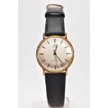 A GENTS 9CT GOLD 'OMEGA GENEVE' WRISTWATCH, (missing crown) round silver dial signed 'Omega Geneve',