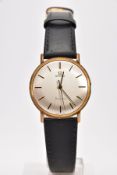 A GENTS 9CT GOLD 'OMEGA GENEVE' WRISTWATCH, (missing crown) round silver dial signed 'Omega Geneve',