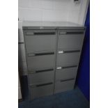 TWO LEABANK METAL FOUR DRAWER FILING CABINETS, width 46cm x depth 63cm x height 132cm (each with one