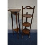 AN OAK FOLDING THREE TIER CAKE STAND, along with an oak torchere stand (2)