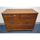 A 19TH CENTURY OAK CHEST OF TWO SHORT OVER TWO LONG DRAWERS, with Art Nouveau handles, on turned