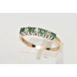A 9CT GOLD DIAMOND AND EMERALD HALF ETERNITY RING, designed with a row of claw set, circular cut