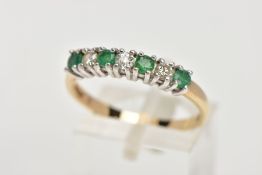 A 9CT GOLD DIAMOND AND EMERALD HALF ETERNITY RING, designed with a row of claw set, circular cut