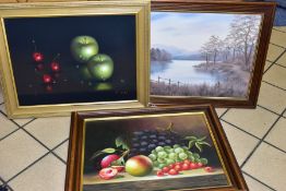 K. MYLES (20TH CENTURY) a still life of apples and cherries, signed bottom right, oil on canvas,