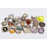 A BAG OF ASSORTED WHITE METAL RINGS, twenty seven rings in total, some set with semi-precious