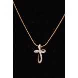 A 9CT GOLD DIAMOND PENDANT NECKLACE, the pendant in the form of an openwork cross, set with single
