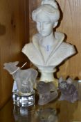 THREE MOULDED FROSTED AND CLEAR GLASS ANIMALS AND A RESIN BUST, comprising a Nachtman Crystal