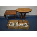 A LATE VICTORIAN WALNUT AND MARQUETRY INLAID LOO TABLE, a sofa table, along with two boxes
