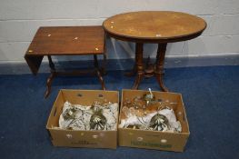 A LATE VICTORIAN WALNUT AND MARQUETRY INLAID LOO TABLE, a sofa table, along with two boxes