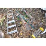 A SMALL SET OF ALUMINIUM STEPS, a Victorian boot, metal scraper and three bundles of gardening