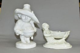 A BLANC DE CHINE CERAMIC SCULPTURE OF A POT BELLY MALE FIGURE wearing an oversized hat, unmarked,
