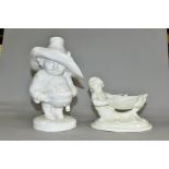 A BLANC DE CHINE CERAMIC SCULPTURE OF A POT BELLY MALE FIGURE wearing an oversized hat, unmarked,