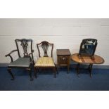 A MAHOGANY CHIPENDALE STYLE ARMCHAIR, another chair, an Edwardian pot cupboard, a swivel top