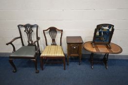 A MAHOGANY CHIPENDALE STYLE ARMCHAIR, another chair, an Edwardian pot cupboard, a swivel top