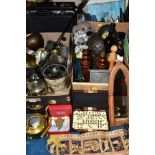 THREE BOXES AND LOOSE METALWARES, BOOKS, PICTURES AND SUNDRY ITEMS to include two vintage tins,