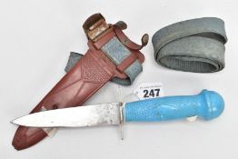 A MARINE DIVERS KNIFE French made, mid 60's-70's era, non serated blade in brown plastic scabbard